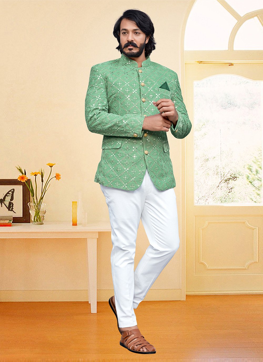 Moss Green Bandhgala Jodhpuri Designer Blazer With White Trouser – Rajanyas